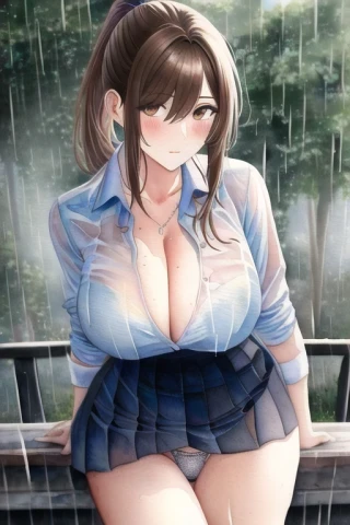 Ponytail, Large breasts, Outdoor, Watercolor painting, Cleavage, Masterpiece, Rain, School uniform, See-through, Underwear